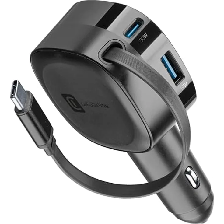 Cellular Line Retractable Car Charger 60W, Autoladegerät mit einziehbarem Kabel, Versandkostenfrei