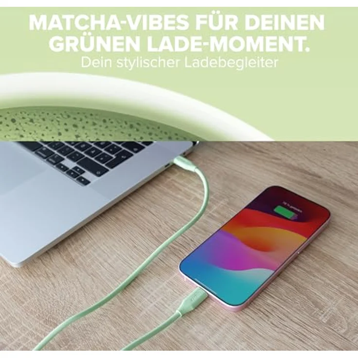 InLine Colour your Charge USB C Kabel 100W, PD Schnellladekabel, ultra-flexibel aus Silikon, für iPhone Air 17/16/15, iPad, Galaxy S23, Pixel, 1m, Matcha Latte (grün) – Bild 4