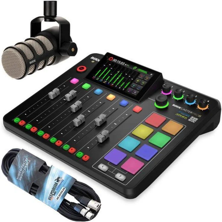 RØDE Rodecaster Pro II, Mischpult mit Podmic und Kabel, 5,5 Zoll HD-Touchscreen, 4 Neutrik-Combo-Eingänge, 8 programmierbare Smart-Pads, Schwarz