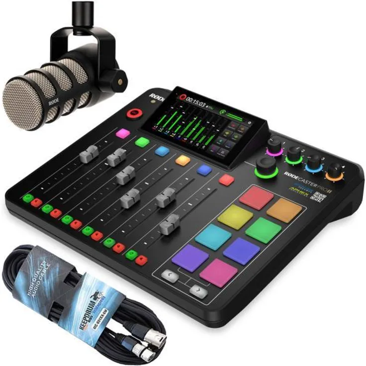 RØDE Rodecaster Pro II, Mischpult mit Podmic und Kabel, 5,5 Zoll HD-Touchscreen, 4 Neutrik-Combo-Eingänge, 8 programmierbare Smart-Pads, Schwarz