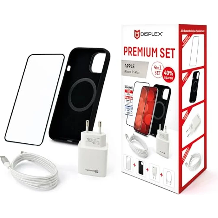 Displex Premium Starterset für iPhone 15 Plus - MagSafe Silikonhülle, 10H Displayglas, Schnellladegerät - Schwarz – Bild 2