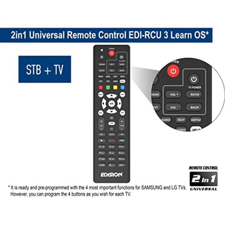 Edision PING T2 C Terrestrischer & Kabel Receiver DVB-T2 C H.265 HEVC Kartenleser Full HD PVR, 2xUSB, HDMI, SCART, LAN, S PDIF, IR-Auge, R2232, USB WiFi Support, Universal 2in1 Fernbedieung Schwarz – Bild 5