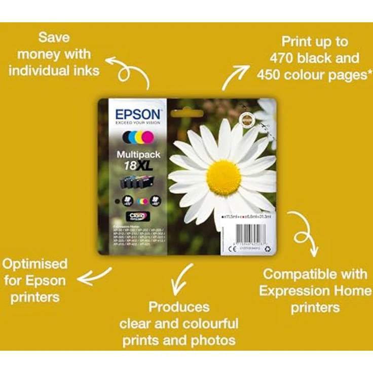 Epson Orginal 18 Tinte Gänseblümchen, XP-305 XP-402 XP-215 XP-312 XP-315 XP-412 XP-415 XP-225 XP-322 XP-325 XP-422 XP-425,Normalverpackung,Standard, (Multipack, 4-farbig) – Bild 2