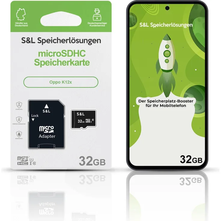 S&L microSD Speicherkarte 32GB für Oppo K12x, Class 10 U1, stoßsicher und wasserdicht