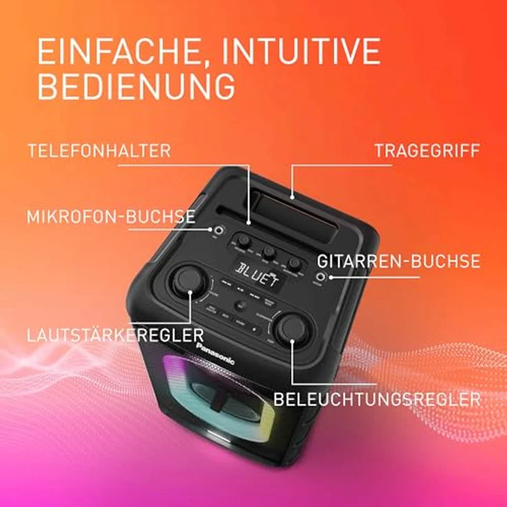 Panasonic SC-BMAX10E-K Tragbarer Party-Lautsprecher mit Bluetooth, integrierter Beleuchtung, 150 W, USB, optischem Eingang für TV, Gitarren- & Mikrofoneingängen für Karaoke, Schwarz – Bild 3