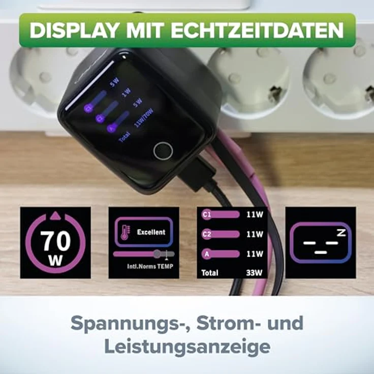 InLine USB C & USB A Ladegerät 70W, GaN Netzteil mit ausziehbarem Kabel, Display, Power Delivery & Quick Charge, schwarz, 31507R – Bild 3