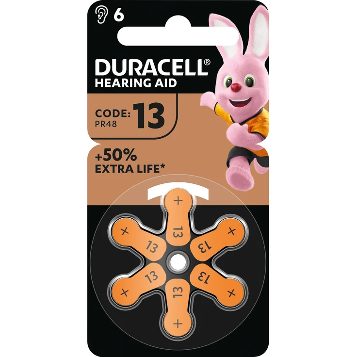 Duracell Hörgerätebatterie EasyTab 13 (PR48), 6 Stück, Duralock Power Preserve Technologie, bis zu 4 Jahre Haltbarkeit