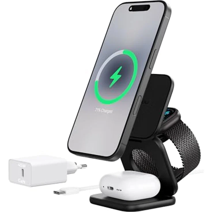KU XIU X40 Turbo 25W 3-in-1 Ladestation für iPhone 17/16/15/14/13/12, 5W für Apple Watch & AirPods, faltbar, Aluminium-Design, inkl. 45W GaN Adapter, Schwarz – Bild 1