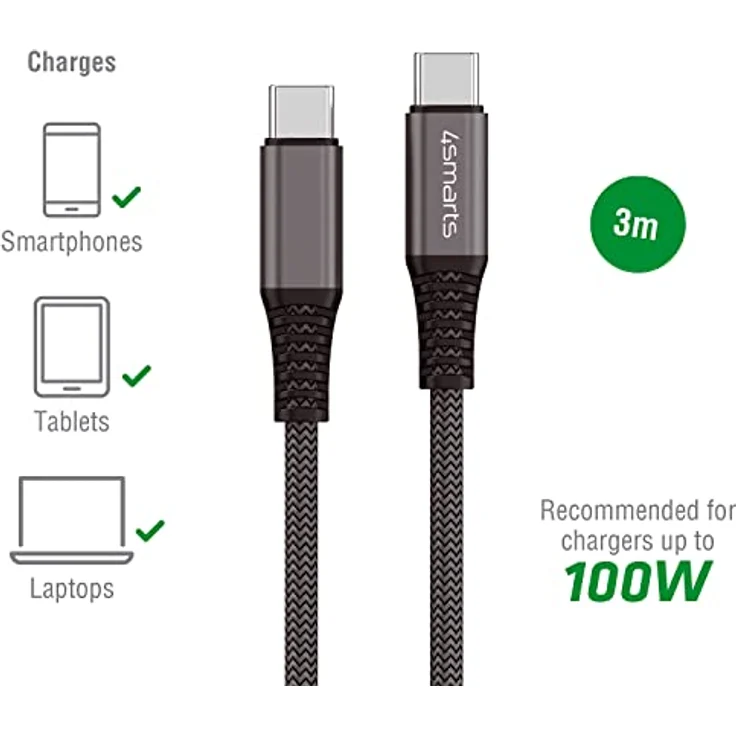 4smarts USB-C auf USB-C Kabel PremiumCord 100W 3m schwarz – Bild 3