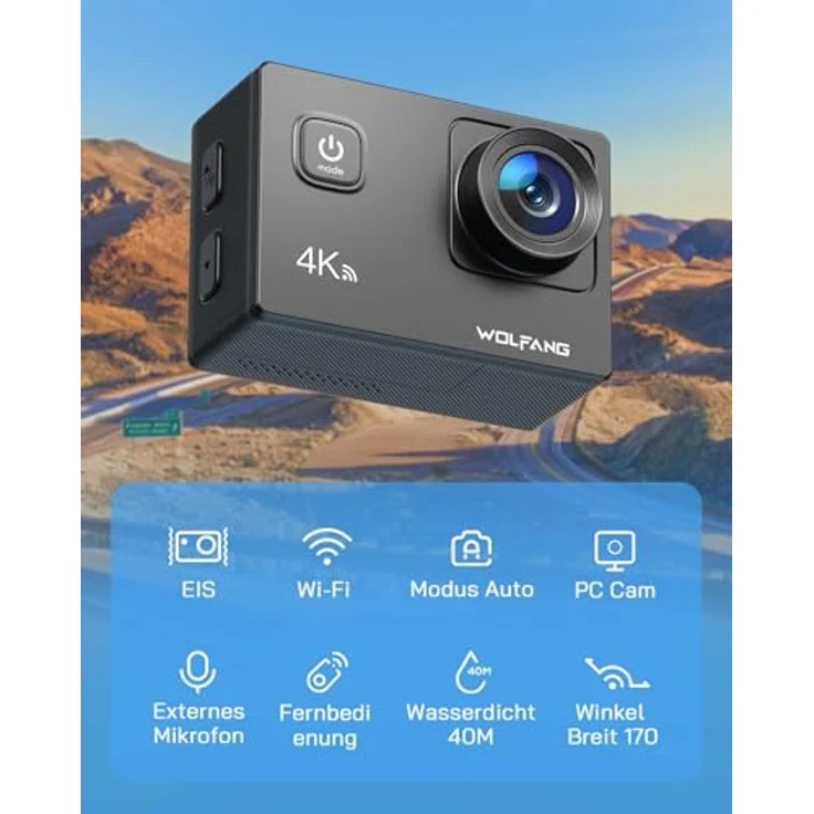 WOLFANG GA100 Action Cam, 4K Video 30FPS, 20MP Fotos, wasserdicht bis 40m, WiFi, EIS Bildstabilisierung – Bild 2