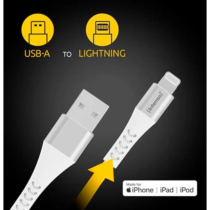 Intenso USB-Cable A315L, USB-A auf Lightning Daten- und Ladekabel, 12 Watt, Nylon, 1.5 Meter, weiß – Bild 3