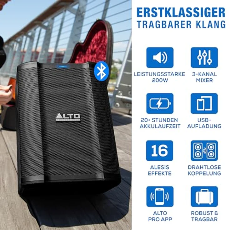 ALTO Busker 200 Watt Tragbares PA Lautsprechersystem, Akku, Bluetooth 5.3, 3-Kanal Mixer, Alesis FX, App-Steuerung, USB-Aufladung, Schwarz – Bild 2