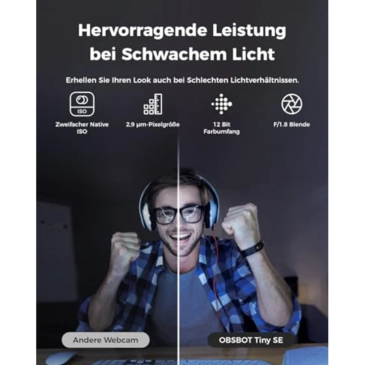OBSBOT Tiny SE 1080P 100FPS Webcam für PC, AI Tracking PTZ Streaming Kamera in Schwarz mit Gestensteuerung, Dual-ISO und Staggered HDR – Bild 5