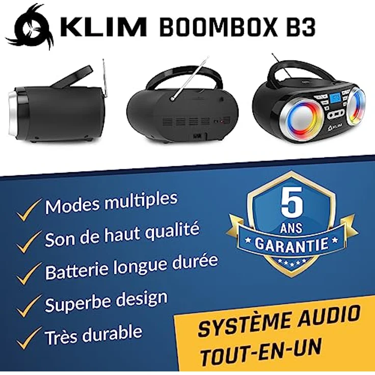 KLIM Boombox B3, Tragbarer CD Player mit FM Radio, Bluetooth, AUX, USB, RGB LED, kabel- & kabelloser Betrieb, wiederaufladbarer Akku, schwarz – Bild 2