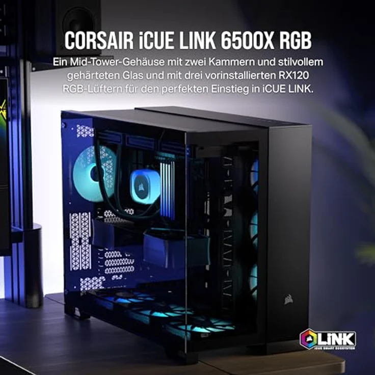 CORSAIR iCUE Link 6500X RGB gehärtetes Glas mATX Mid-Tower Dual Chamber PC Gehäuse - 3X CORSAIR RX120 RGB Lüfter im Lieferumfang enthalten - Breite Kühlflexibilität - Reverse Connection Motherboard – Bild 2