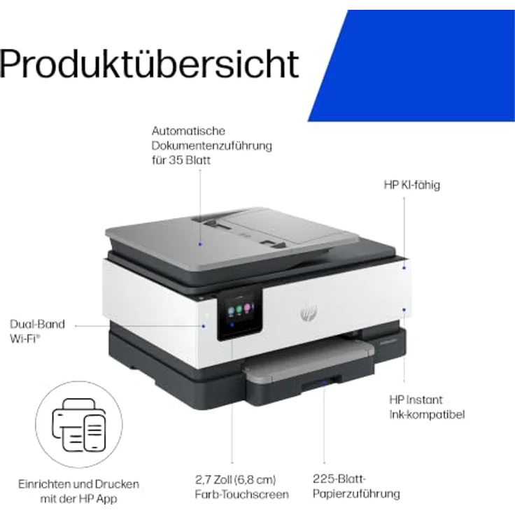 HP OfficeJet Pro 8122 All-in-One 3 in 1 Tintenstrahl-Multifunktionsdrucker, grau, Duplex-Druck, farbiger Touchscreen, HP Instant Ink-fähig – Bild 5