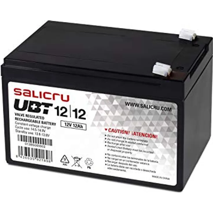 Salicru UBT 12V/12Ah, Wiederaufladbarer Blei-Bleidioxid Akku für USV-Systeme, wartungsfrei und hermetisch versiegelt