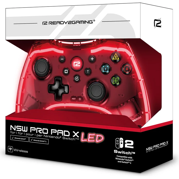 ready2gaming Game Pro X 2 LED, kabelloses Gamepad mit Bluetooth, transparentes Design in Rot, programmierbare Tasten und haptisches Feedback