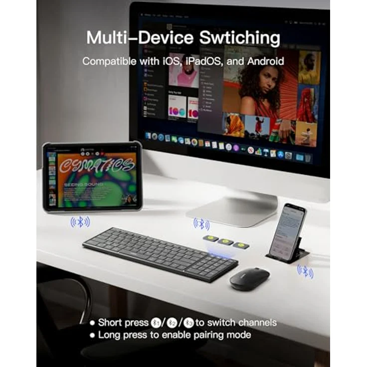 Inateck Faltbare Kabellose Tastatur Nomad N0135, Bluetooth-Tastatur mit Nummernblock, Multi-Device Verbindung, Tragbares Design, Smart AI Funktion, für iPad/iPhone/Android/Windows, mit Ständer – Bild 3