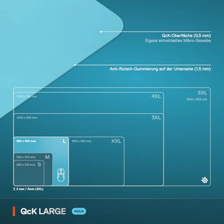 SteelSeries QcK L Aqua, Gaming Mauspad, 450 x 400 mm, rutschfeste Gummibeschichtung, blaue Farbgestaltung – Bild 5