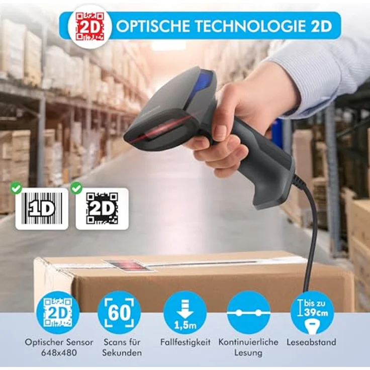 Atlantis A08-LD230P-2D Barcode-Scanner, 1D/2D, USB, 640x480, 60 fps, IP54, liest von Smartphone-Displays, inkl. Kurzanleitung – Bild 2