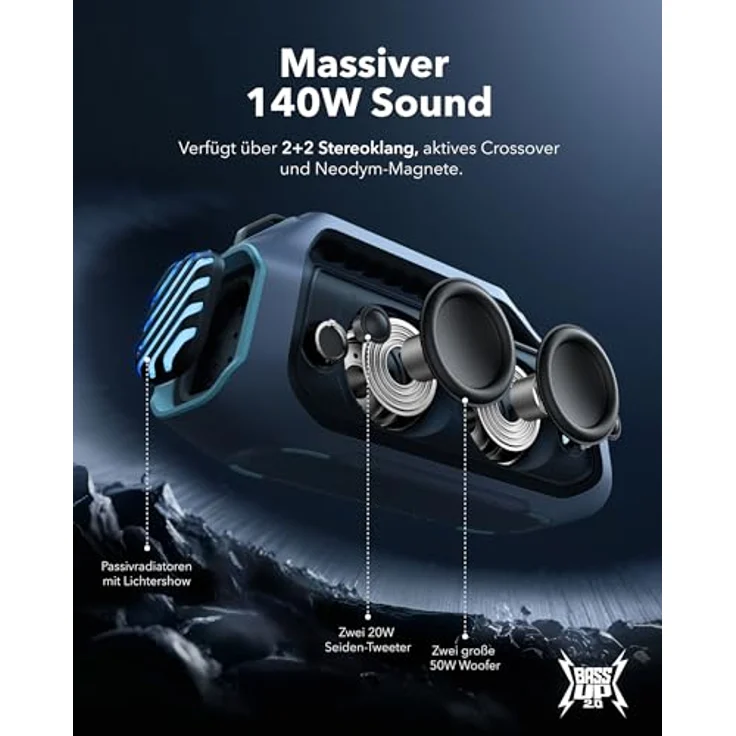soundcore Boom 2 Plus Outdoor Lautsprecher, 140W, 2+2 Channel, BassUp 2.0, 20h, Schnellladung, IPX7 wasserdicht, RGB Lichter, USB-C, Power Bank, BT 5.3, tragbarer Bluetooth Lautsprecher, Camping – Bild 3