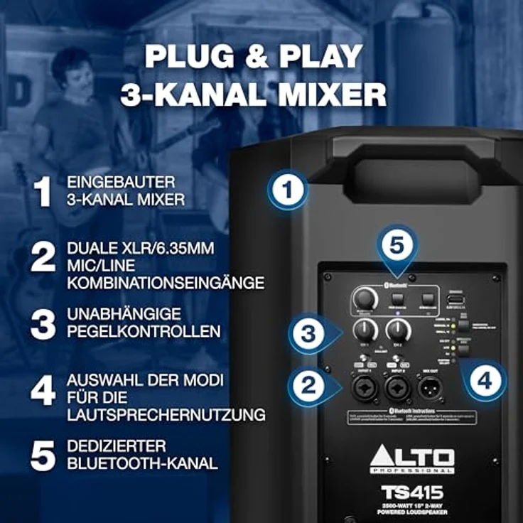 ALTO TS415, 2500 Watt 15-Zoll Aktiver PA-Lautsprecher mit 3-Kanal Mixer, Bluetooth-Streaming, Drahtloser Lautsprecherkopplung und DSP – Bild 5