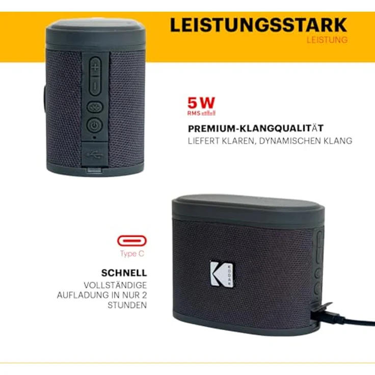 Kodak SOUNDBRIX Tragbarer Bluetooth-Lautsprecher, verbindet bis zu 100 Lautsprecher, magnetische Dockingstation, 5-W-Sound, 3 Stunden Akkulaufzeit, schwarz – Bild 5