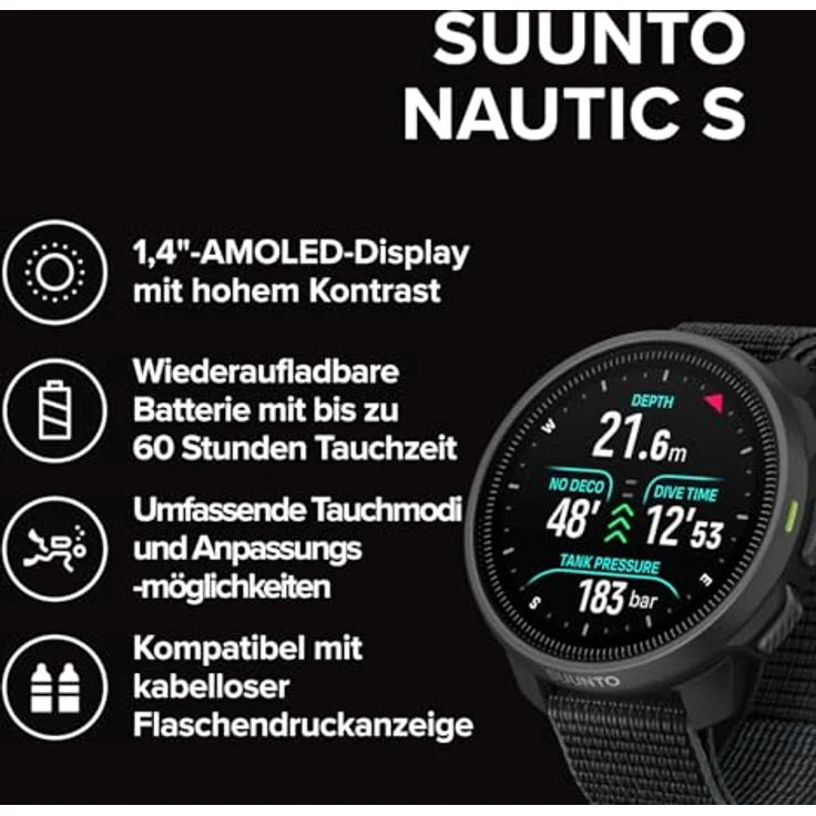 SUUNTO Nautic S, Tauchcomputer mit AMOLED-Bildschirm, 60 Stunden Tauchzeit, 80 Meter wasserdicht, GPS, Offline-Karten, drahtlose Gasanalysen, Suunto APP – Bild 2
