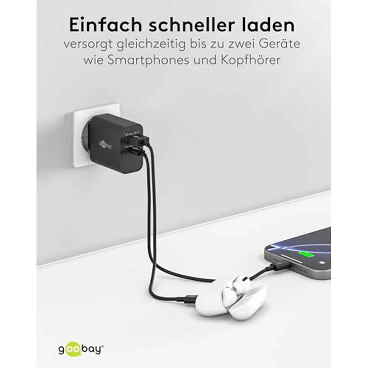 goobay 30W USB C Ladegerät, GaN Dual Port Schnellladegerät mit Power Delivery & Quick Charge, kompakter Ladestecker für iPhone, Samsung Galaxy, Tablet und Kopfhörer, Schwarz - 75335 – Bild 5