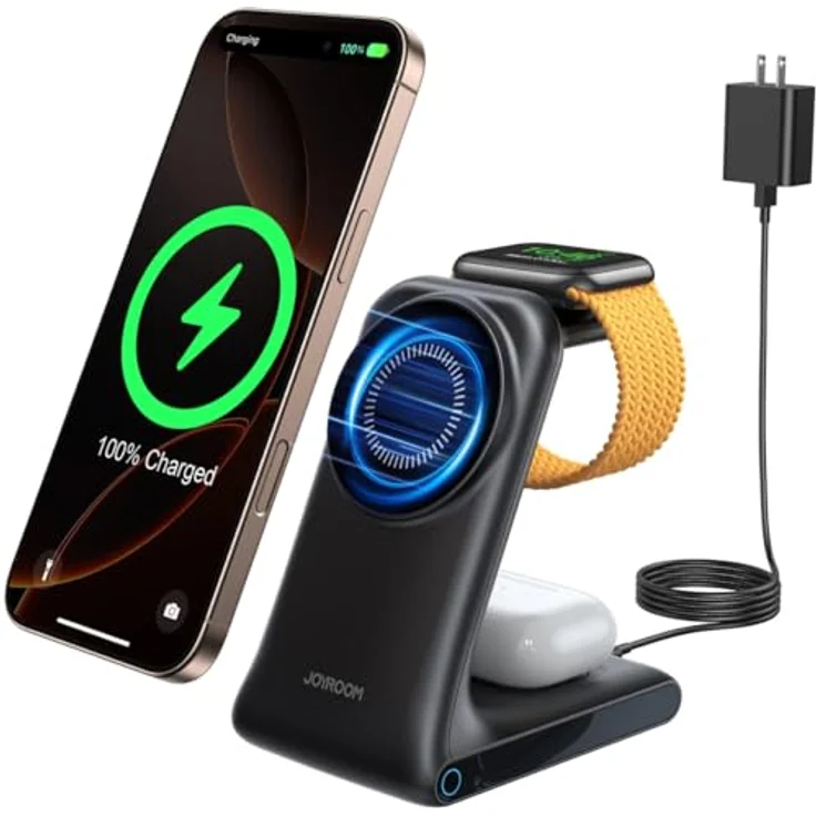 Joyroom JR-W15, 3-in-1 Wireless Charger mit MagSafe, Schnelles Laden für Smartphone, Kopfhörer und Smartwatch, Schwarz – Bild 2