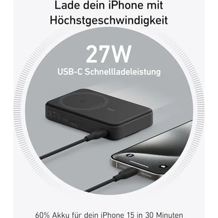 Anker MagGo Powerbank, Qi2-zertifiziertes 15W ultraschnelles MagSafe-kompatibles mobiles Ladegerät, 10.000mAh Akku mit smartem Display & klappbarem Ständer, für iPhone 15/14/13/12, Inkl. USB-C Kabel – Bild 5