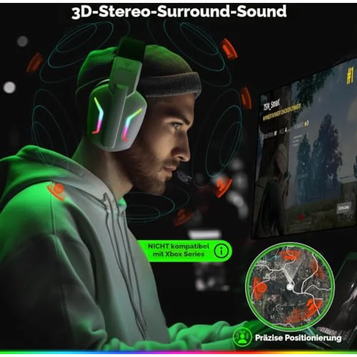WESEARY Gaming Headset Wireless, Stereo-Sound mit dualen Mikrofonen, kompatibel mit PS5/PS4/PC, 30-35 Stunden Akkulaufzeit, Schwarz – Bild 2