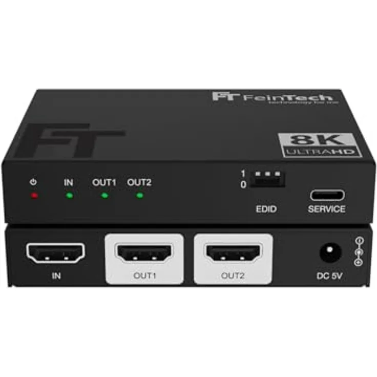 FeinTech SP210 HDMI 2.1 Splitter, 1 In 2 Out, 4K 120Hz, 8K VRR, ALLM, mit Downscaler und HDMI-CEC Pass, HDCP 2.3 kompatibel, HDR, Dolby Vision