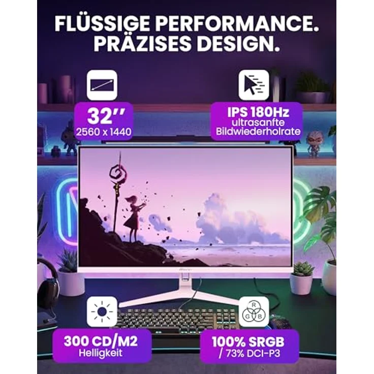 Arozzi Nova 32 Zoll Gaming Monitor, 180Hz QHD, 1ms Reaktionszeit, IPS-Panel, rosa – Bild 2