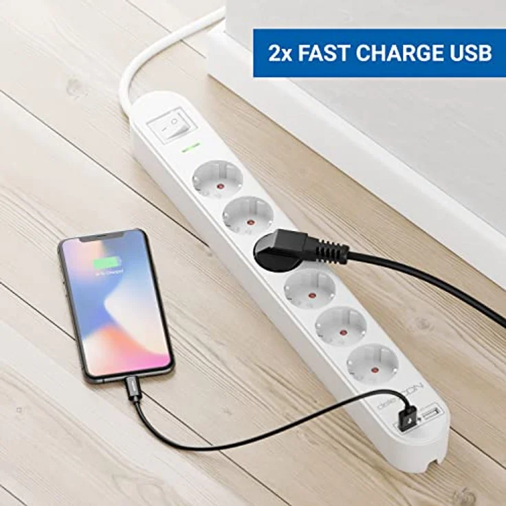 deleyCON 6 Fach Steckdosenleiste mit USB-A und EIN/AUS Schalter, Weiß – Bild 2