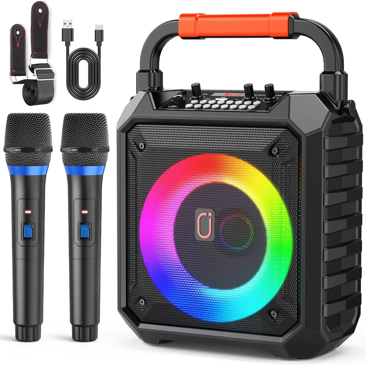 JYX Tragbares Karaoke Lautsprechersystem, Schwarz, mit 6,5-Zoll-Subwoofer, Bluetooth 5.0, 6500mAh Akku, 2 UHF Mikrofone, FM/USB/AUX/REC/TF-Anschluss