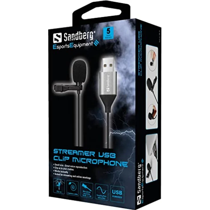 Sandberg Streamer USB Clip Microphone Streamer USB Clip Microphone, Clip-on microphone, -38 dB, 50 - 18000 Hz, 24 bit, 96 kHz, 84 dB – Bild 2