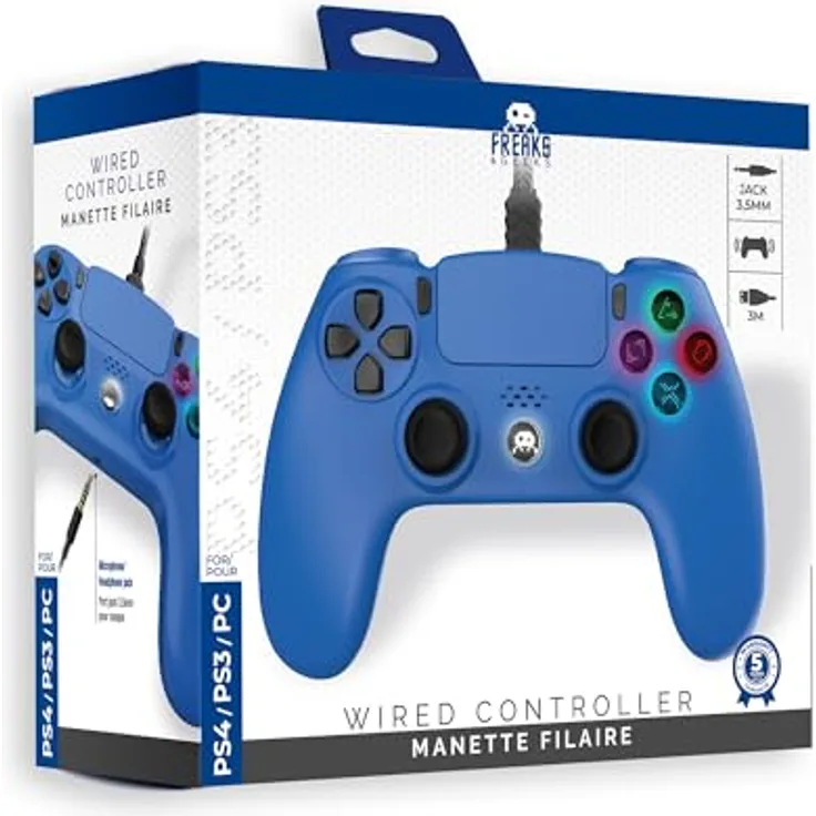 Trade Invaders Freaks and Geeks, Kabelgebundener PS4 Controller mit 2 Vibrationen, 3M Kabel und 3,5mm Klinke, Blau