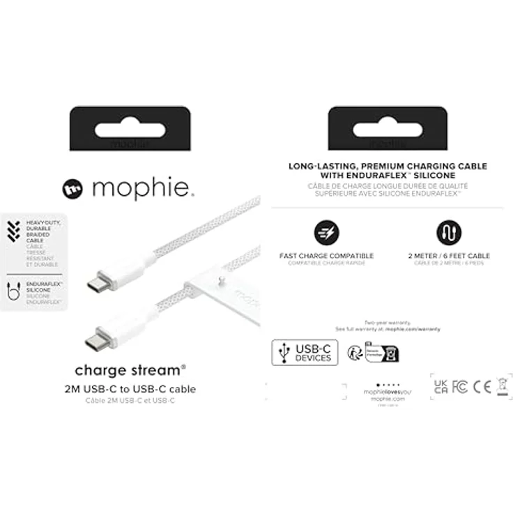Zagg Mophie USB-C Kabel (2 m, USB 2.0), geflochtenes Daten- und Ladekabel in Weiß – Bild 2