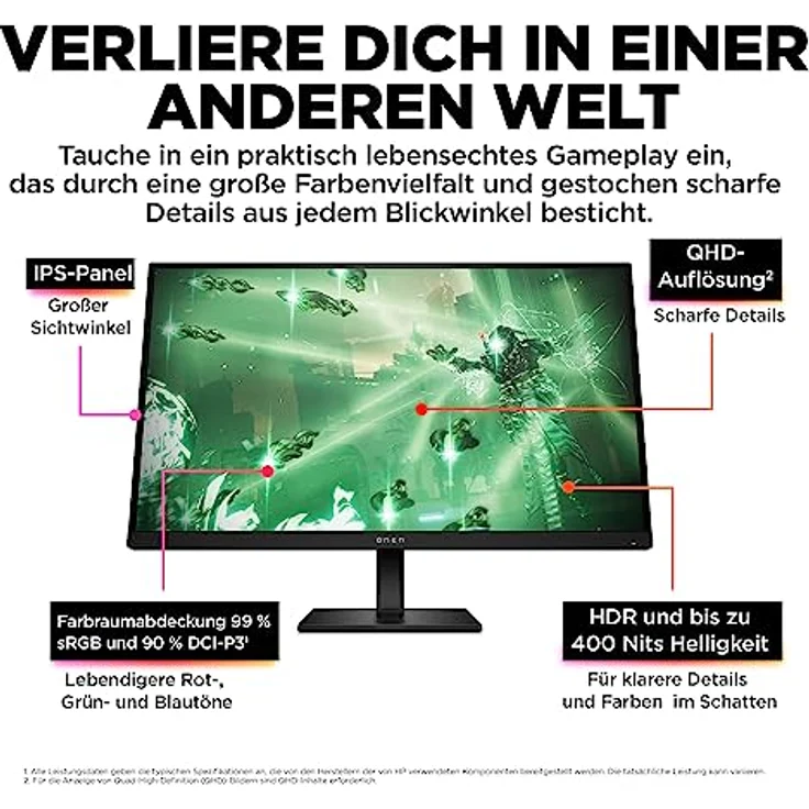 HP Omen 27q 27" QHD IPS Gaming Monitor, 165Hz, 1ms, FreeSync, HDMI/DP, 16:9 Display – Bild 5