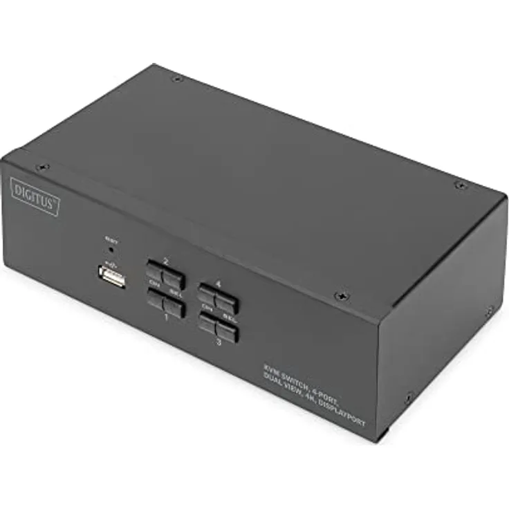 DIGITUS KVM-Switch DisplayPort – 4-Port Dual-Display – 4 PC 2 Monitore – 1x Maus, Tastatur & Audio für 4 Computer – UHD 4K@60Hz (3840 x 2160p) – Hot-Key Umschalter – 1x USB 2.0 Hub – Schwarz