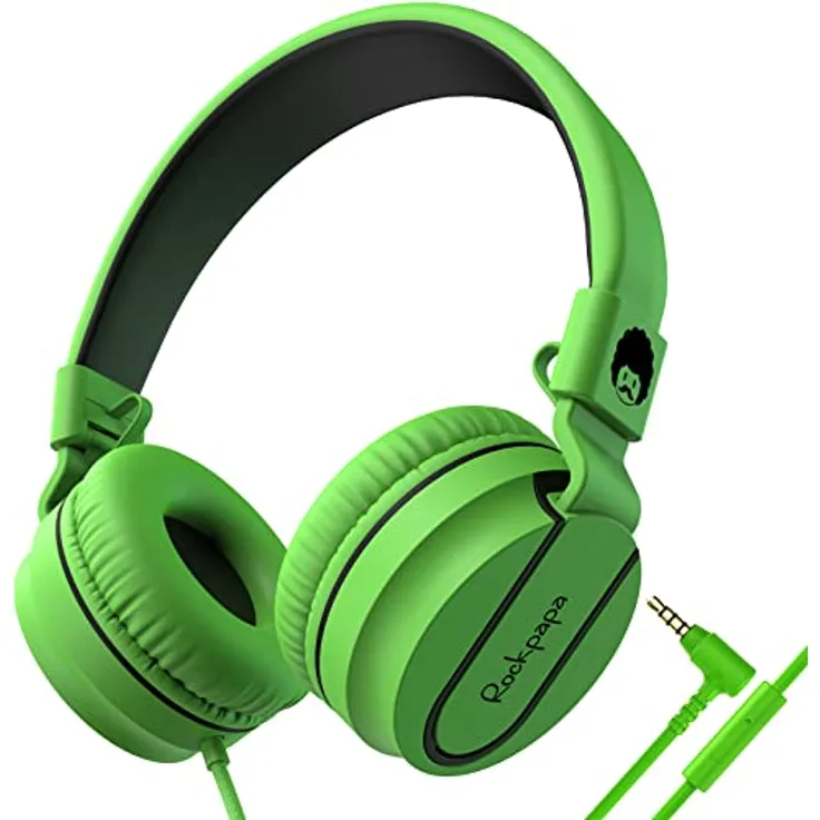 Kinder Kopfhörer, Rockpapa 952 Kabel kopfhörer für Kinder mit Mikrofon, Stereo Sound, 3.5 mm Aux Jack, 1,5m Kabellänge, Faltbare On-Ear-Kopfhörer für Handy, Tablet,PC,TV (Schwarz Grün)