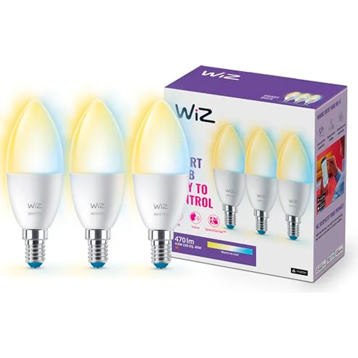 WiZ E14 LED Lampe im 3er-Pack, 40W, smarte Lichtsteuerung mit Weißschattierungen, WLAN/Bluetooth, kompatibel mit Google Home, Alexa und HomeKit – Bild 1