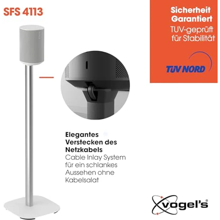 Vogel's SFS 4113 Ständer | Exclusiv für Sonos ERA 100 Lautsprecher | Kabelverdeckungssystem | TÜV-geprüfte Stabilität | Höhe: 82 cm | Weiß – Bild 4