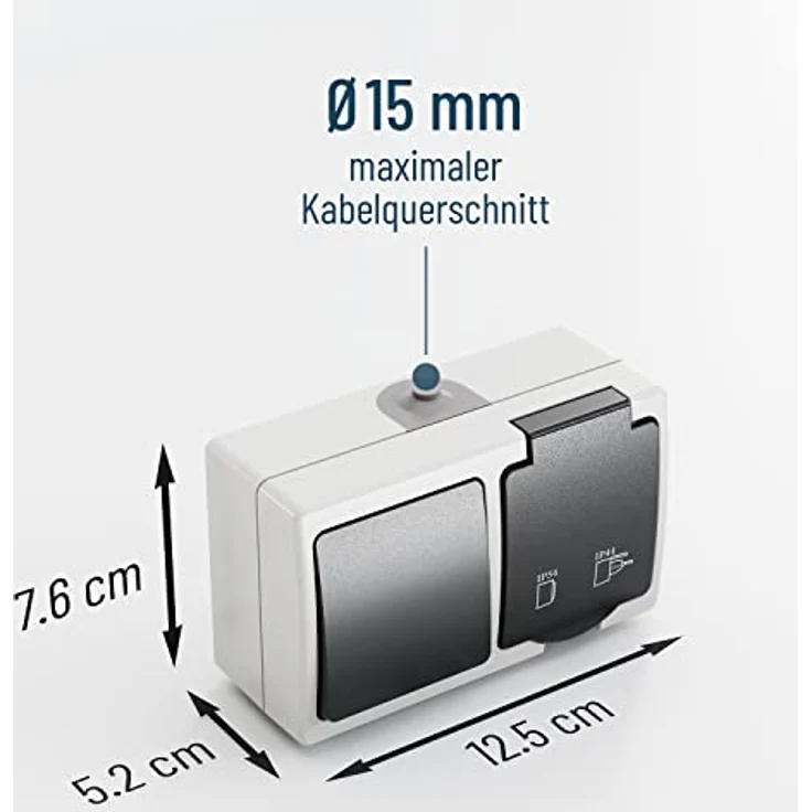 greate 20x Aufputz Schalter Steckdose Kombination mit IP44 für Feuchtraum, grau - Schalter Wechselschalter 250V & 16A, Kunststoffplättchen, 2 Leitungseinführungen – Bild 4