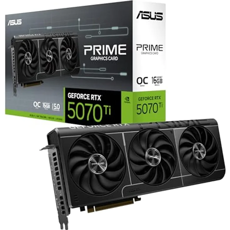 ASUS Prime GeForce RTX 5070 Ti 16GB GDDR7 OC Edition Gaming Grafikkarte (Nvidia GeForce RTX5070 Ti DLSS 4, 2,5-Slot Design, PCIe 5.0, 3X DisplayPort 2.1b, 1x HDMI 2.1b, PRIME-RTX5070TI-O16G) - NVIDIA Blackwell Architektur, SFF-Ready, Axial-Tech-Lüfter, Phase-Change-GPU-Wärmeleitpad, 2.5-Slot Design