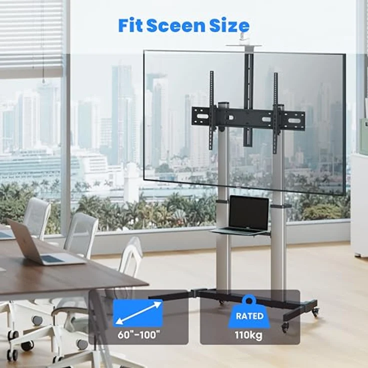 conecto TV Ständer Standfuß rollbar 60-100 Zoll für viele Fernseher/Monitore I Mit Rollen höhenverstellbar/schwenkbar/drehbar I Modell LM-FS03E - Silber/Schwarz – Bild 2