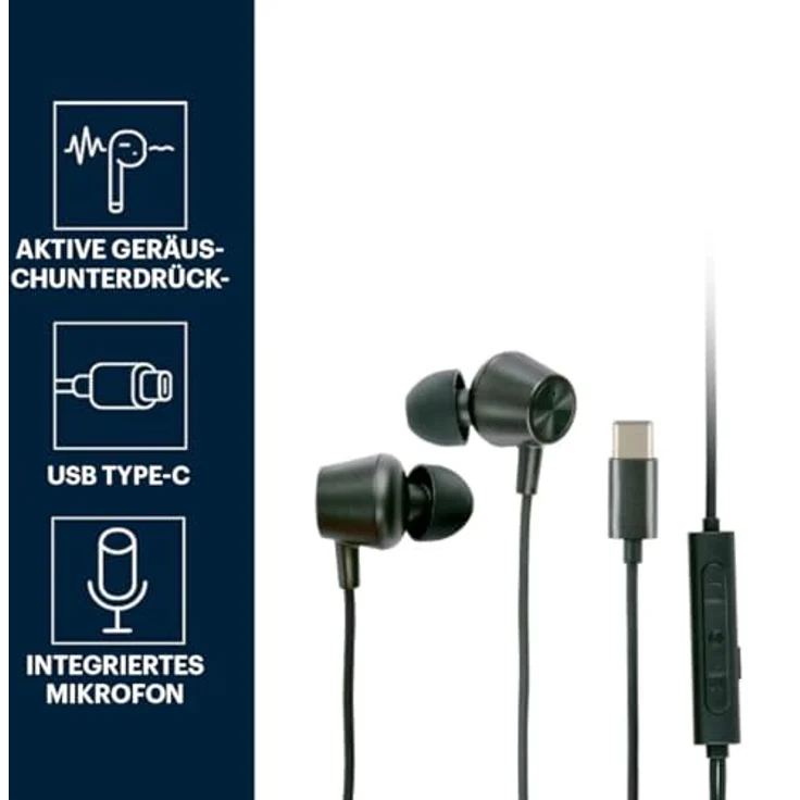 Grundig Kopfhörer USBC, kabelgebundenes Headset mit 120 cm Kabel, In-Ear Earbuds mit Mikrofon und Active Noise Cancelling, kompatibel mit iPhone und Samsung, Schwarz – Bild 2