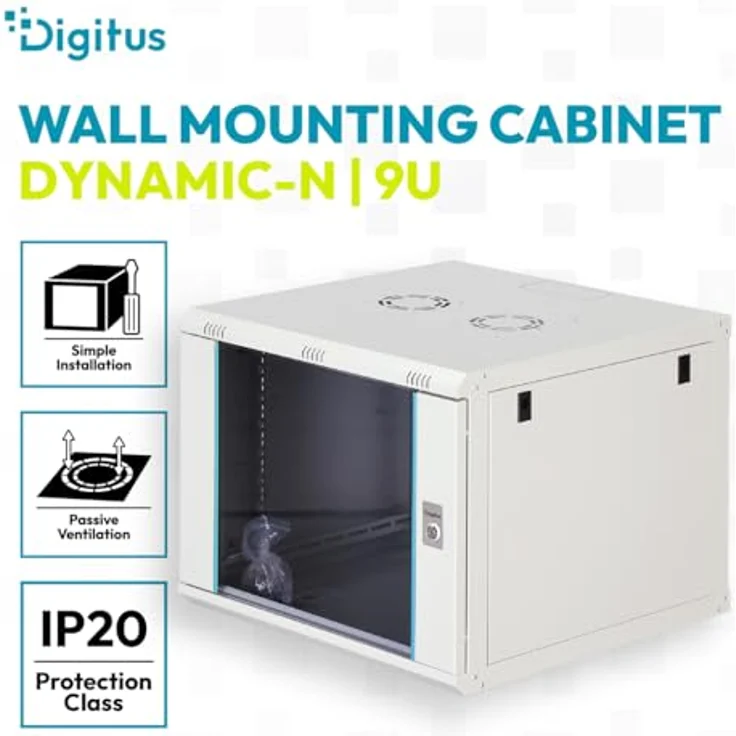 DIGITUS Netzwerkschrank Dynamic-N, 19-Zoll Rack 9HE, unmontiert, Wandmontage, 600 mm tief, 60 kg Traglast, Glastür, grau – Bild 2